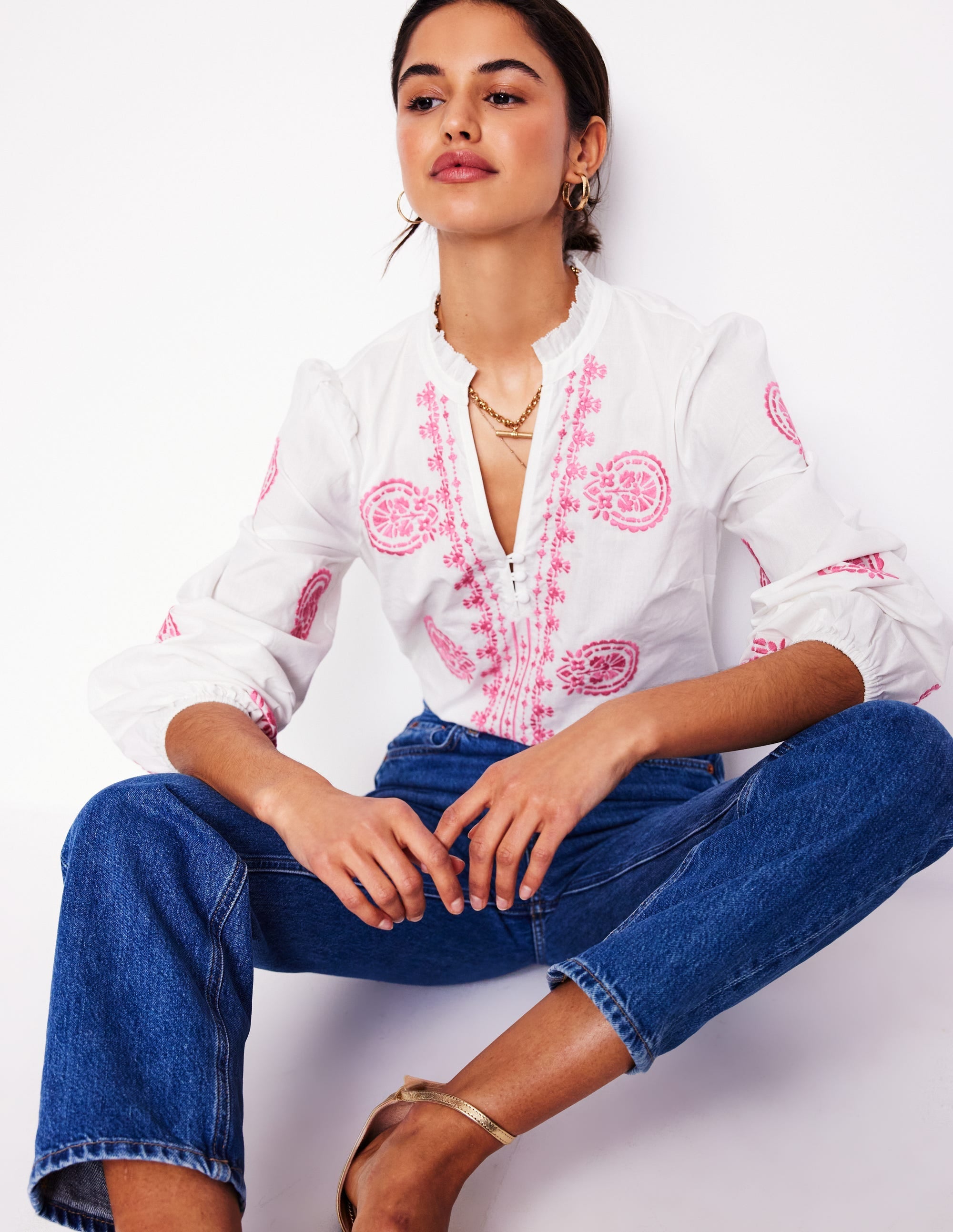 Embroidered Cotton Top-White, Pink Embroidery - Image 4