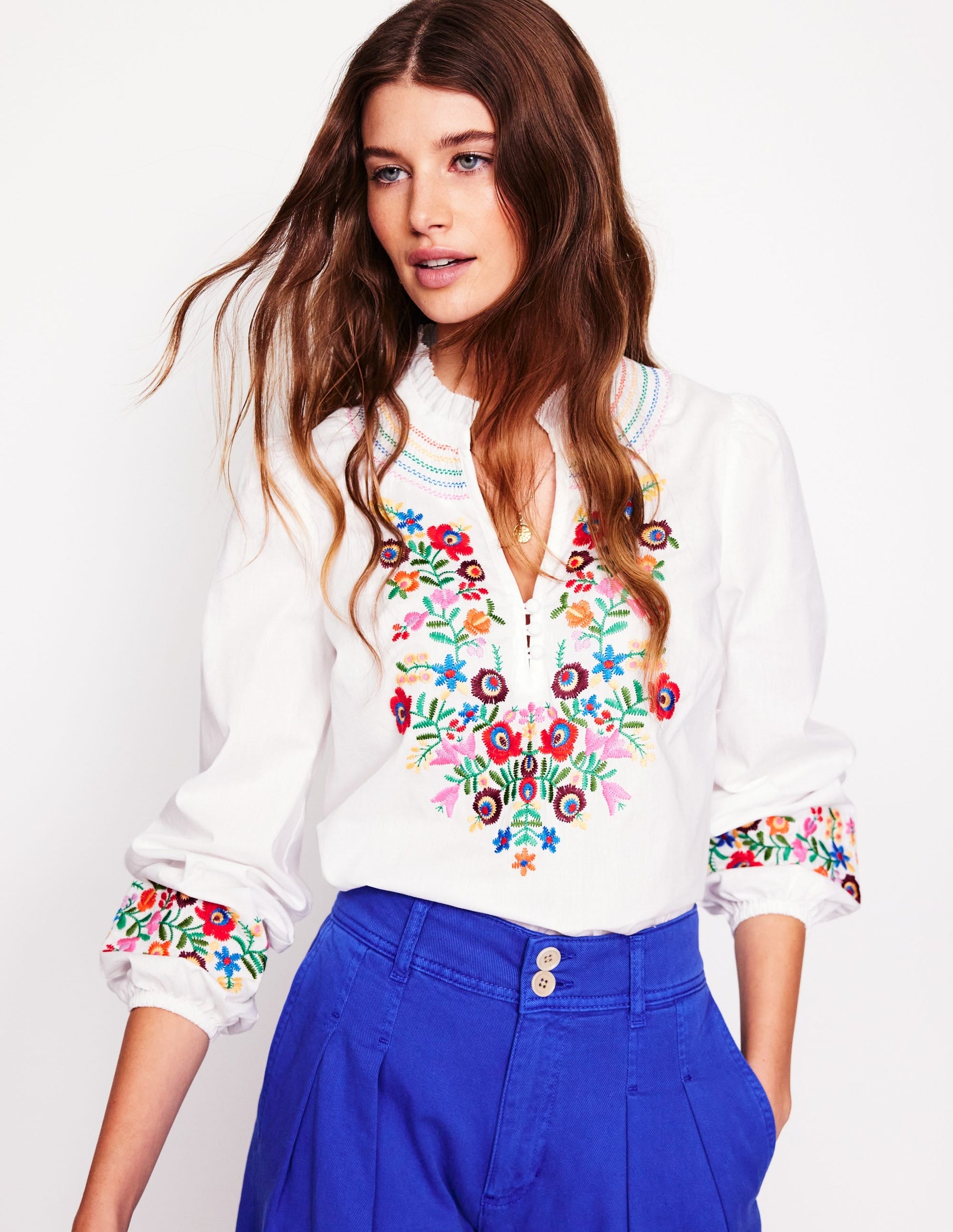 Embroidered Cotton Top-White, Multi Embroidery-4