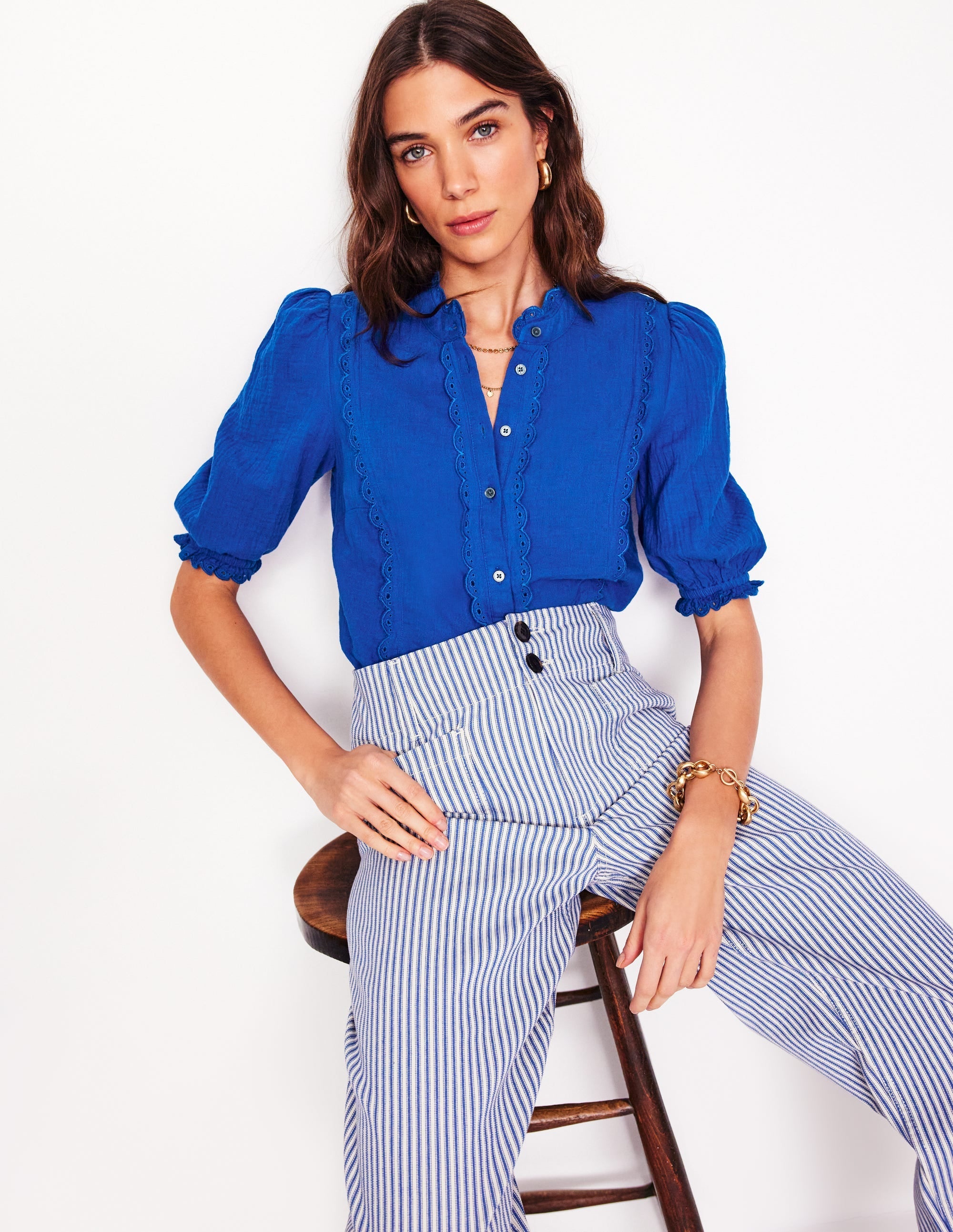 Scallop Double Cloth Top-Bright Blue - Image 1