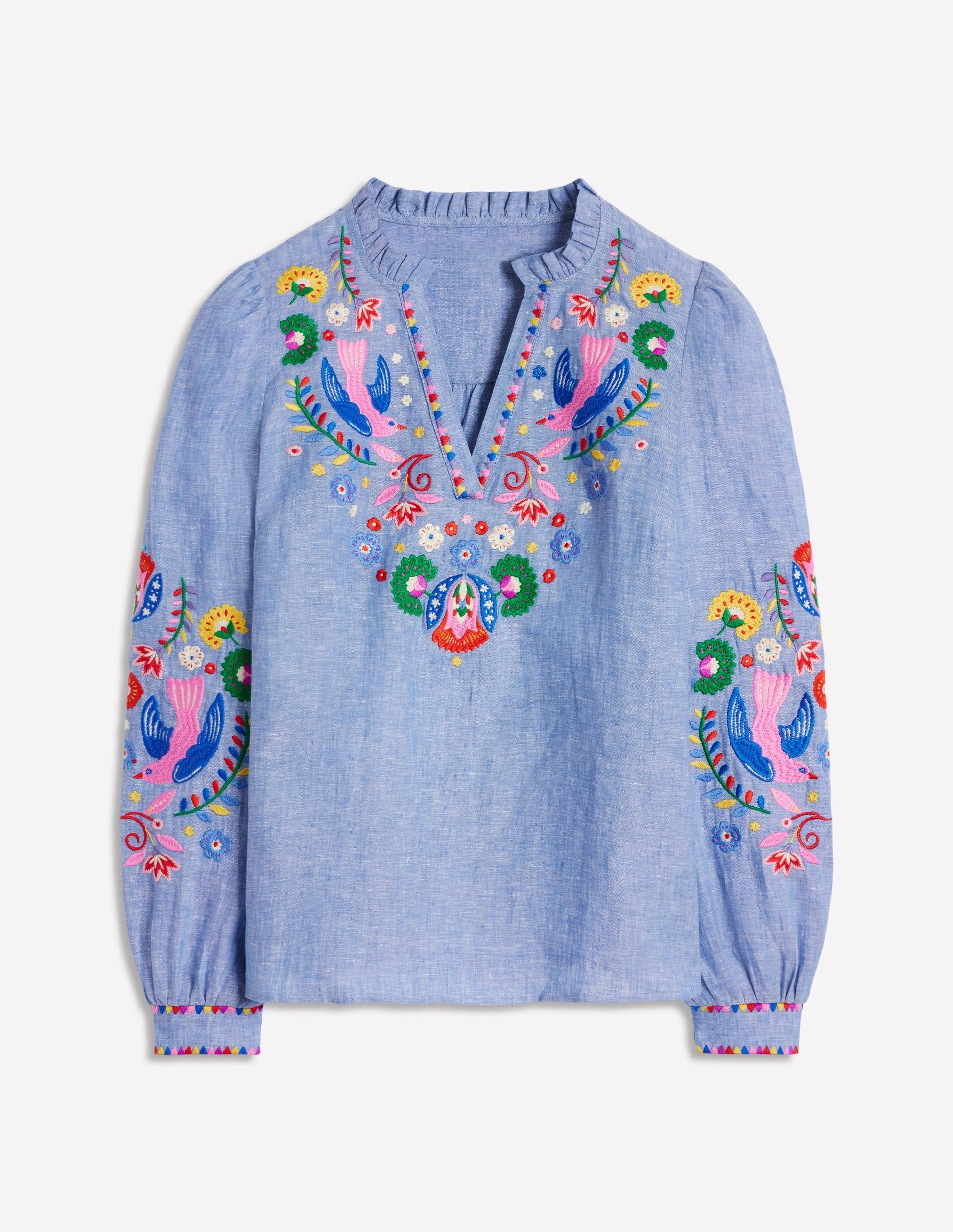 Grace Linen Top-Chambray, Embroidered Birds-7