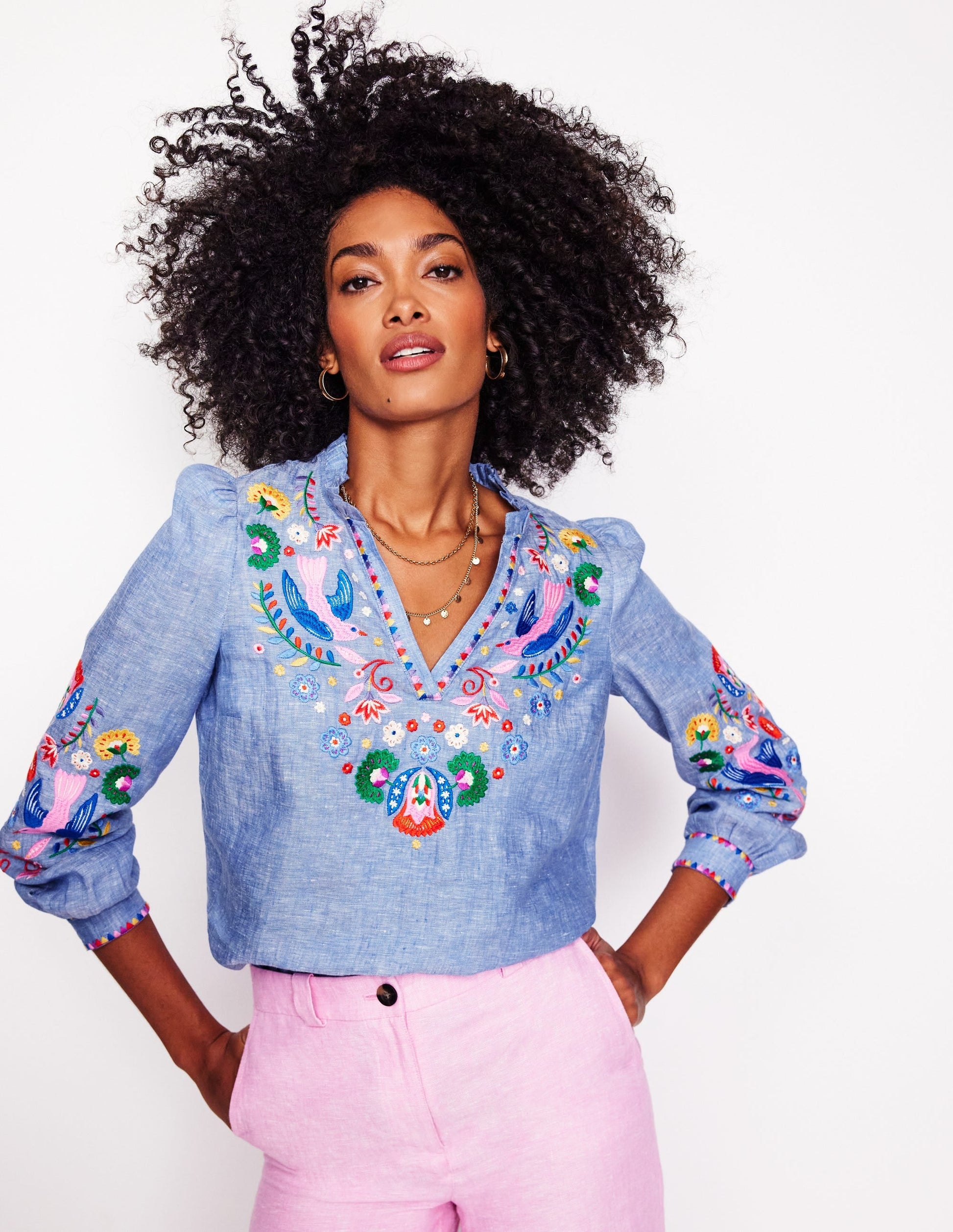 Grace Linen Top-Chambray, Embroidered Birds-2