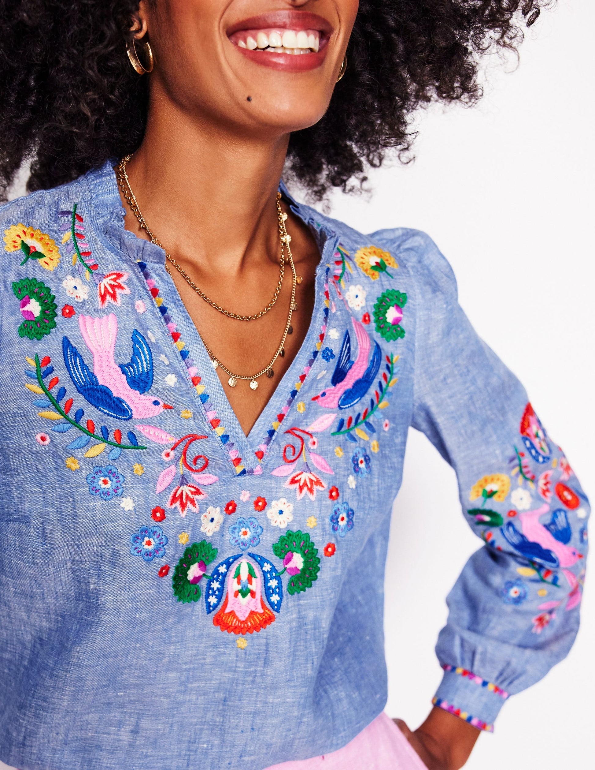 Grace Linen Top-Chambray, Embroidered Birds-3