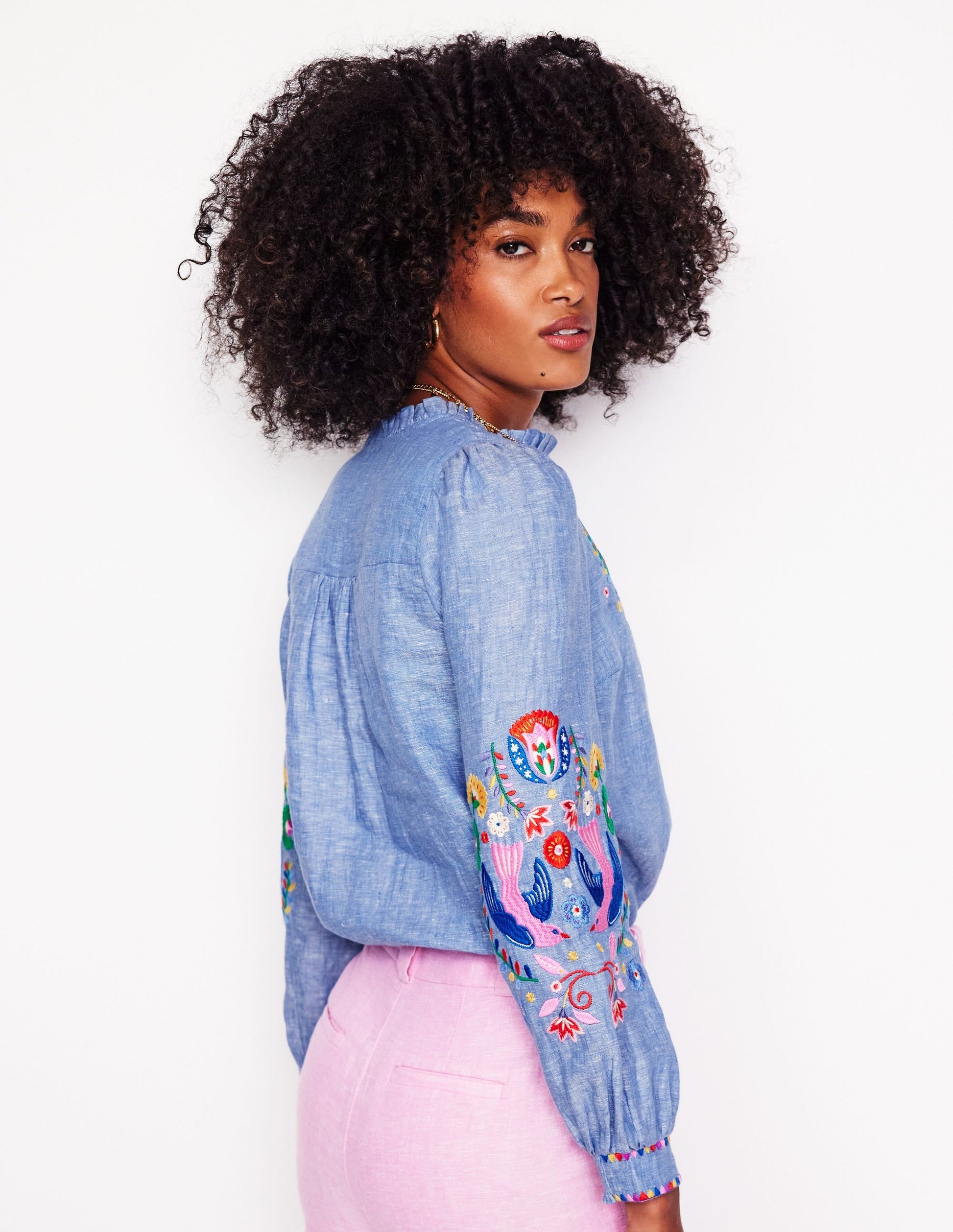 Grace Linen Top-Chambray, Embroidered Birds-4