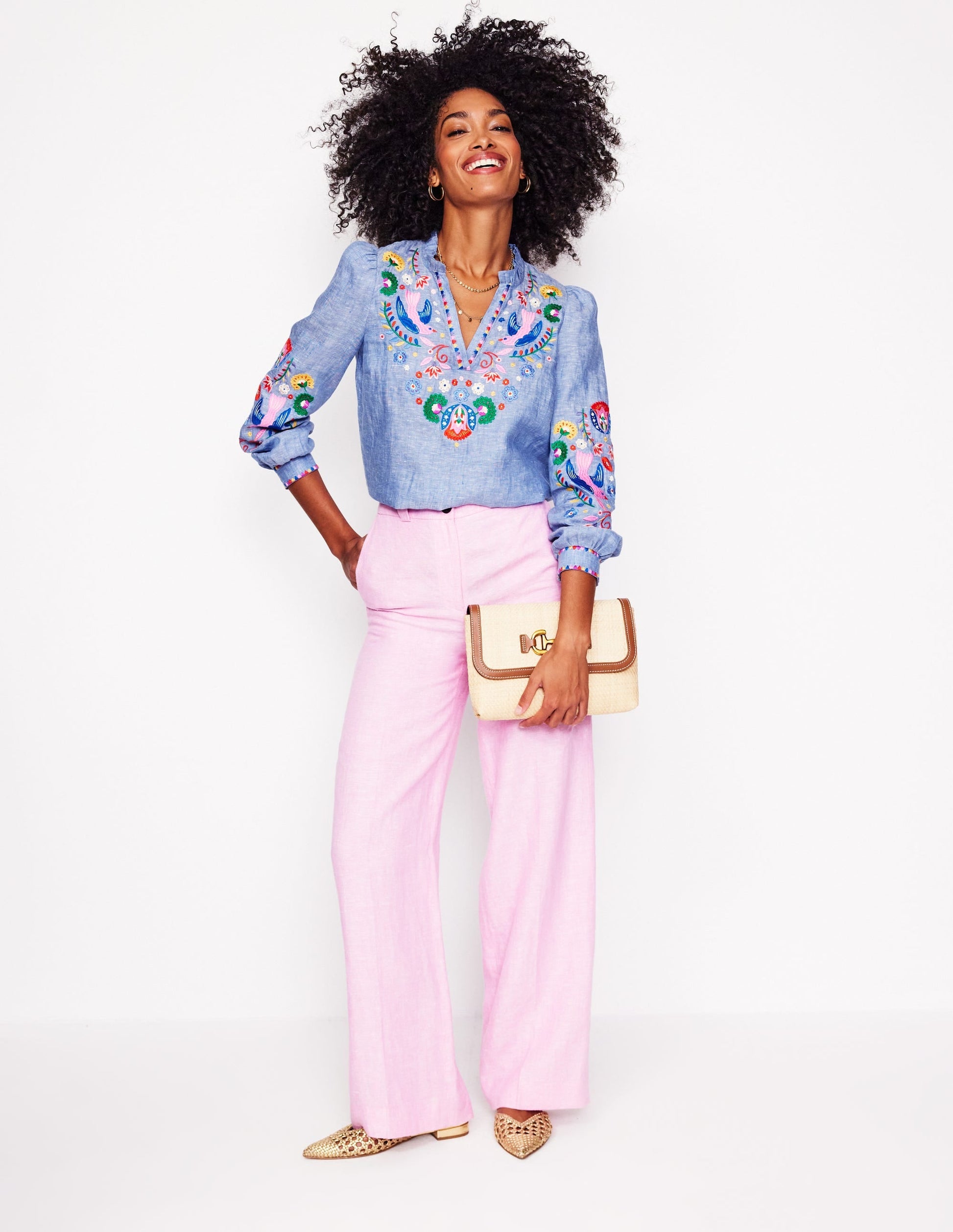 Grace Linen Top-Chambray, Embroidered Birds-5