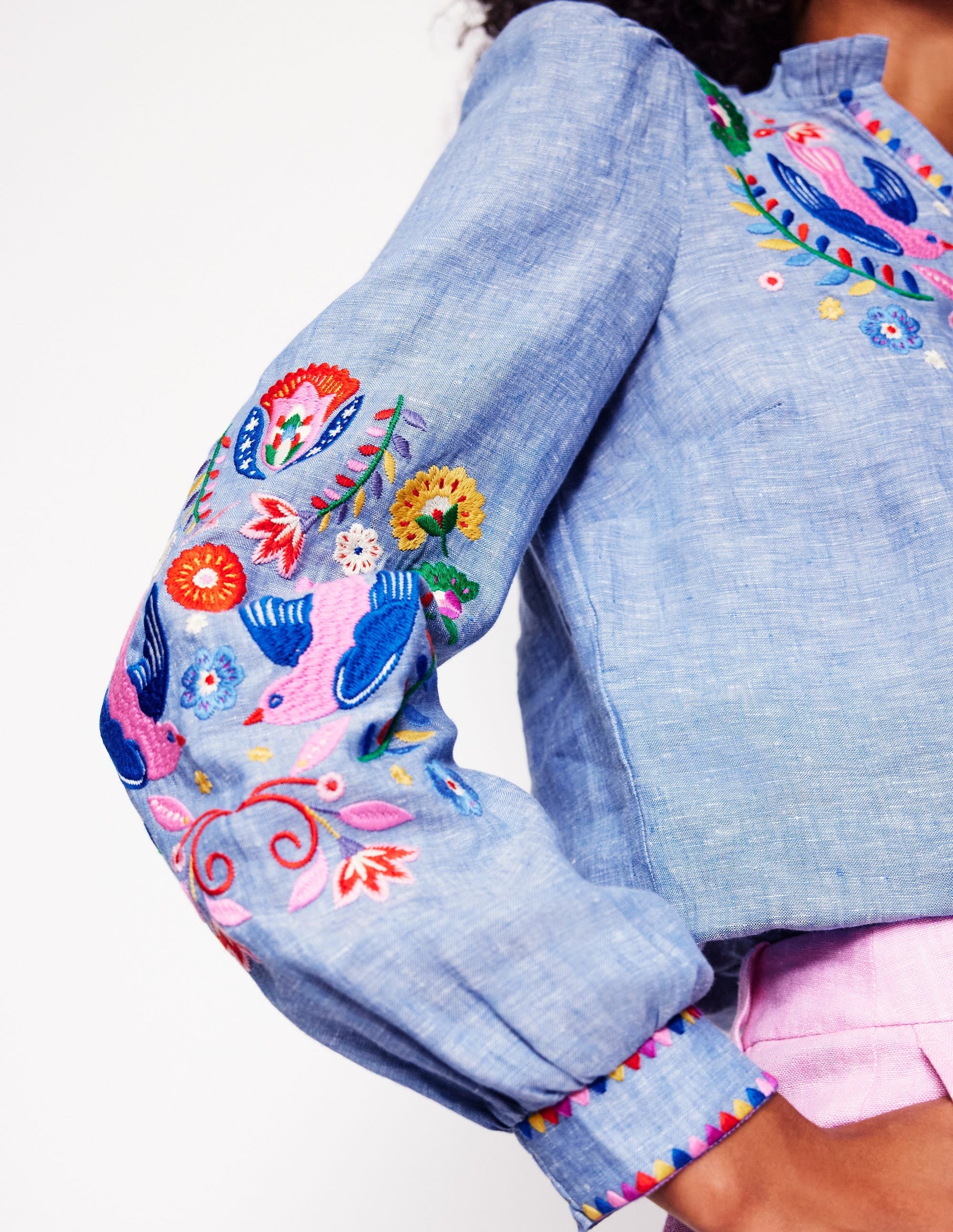 Grace Linen Top-Chambray, Embroidered Birds-6