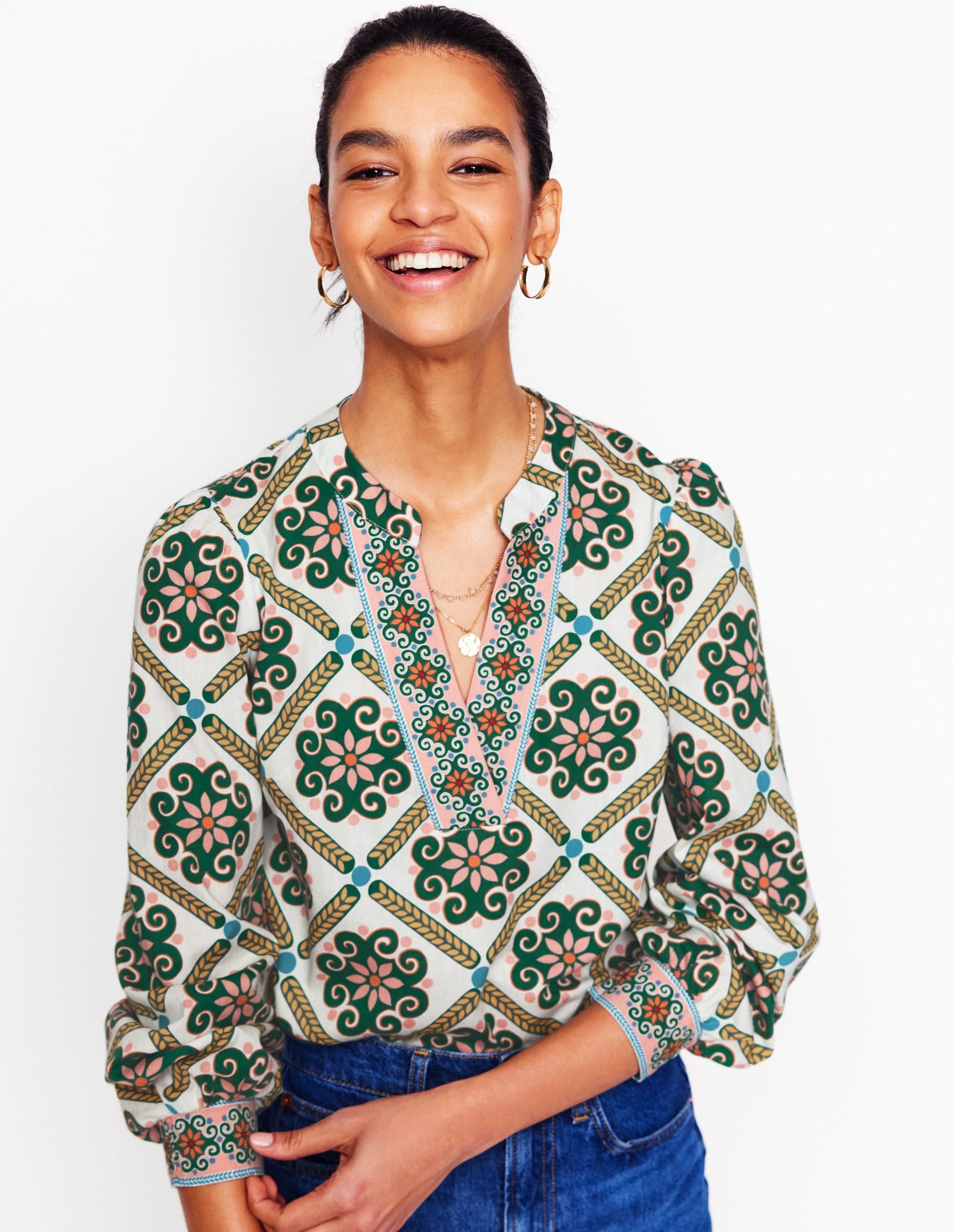 Cotton Notch Neck Top-Ivory, Baroque Tile-1
