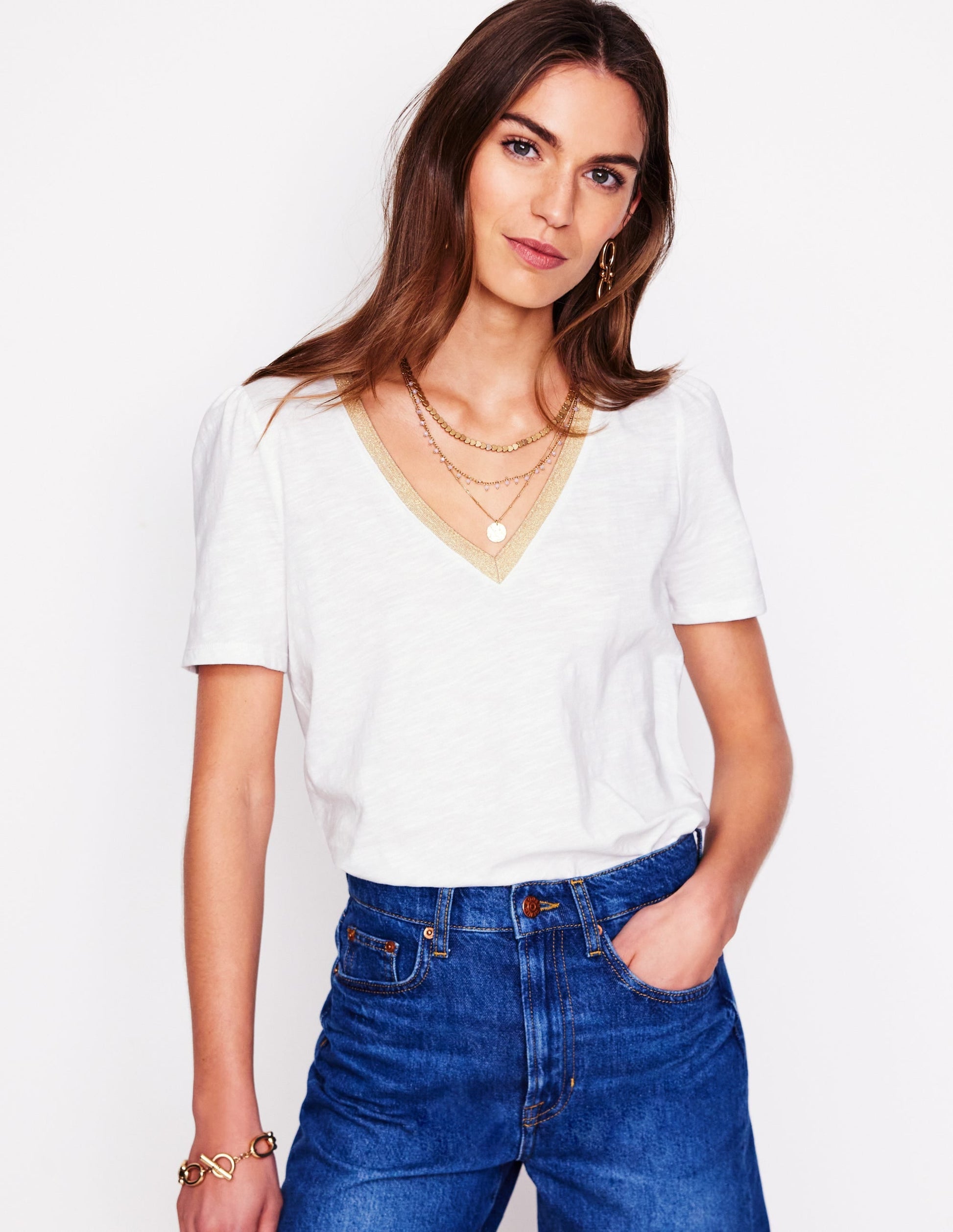 Metallic Trim V Neck T-shirt-White-1