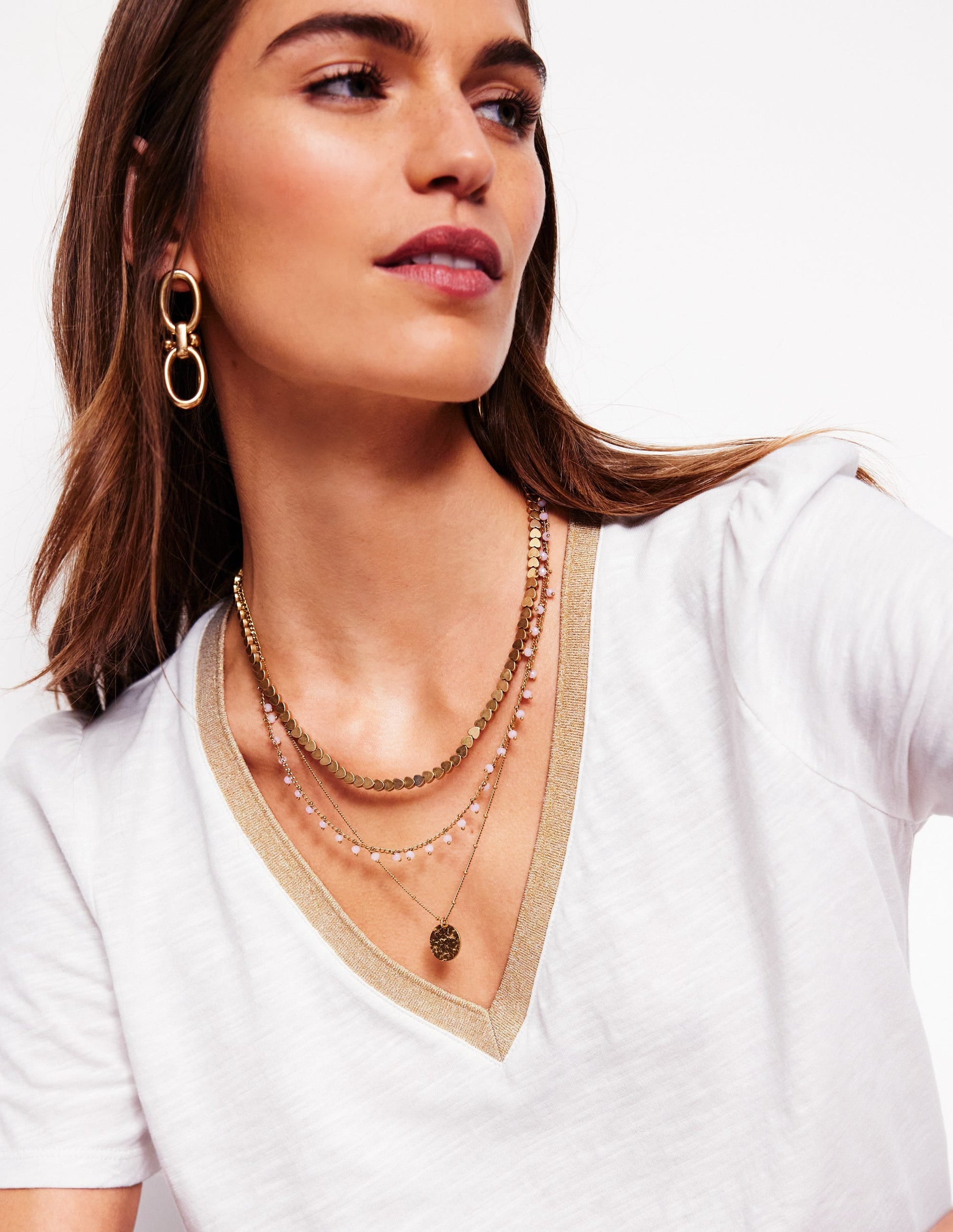 Metallic Trim V Neck T-shirt-White-2