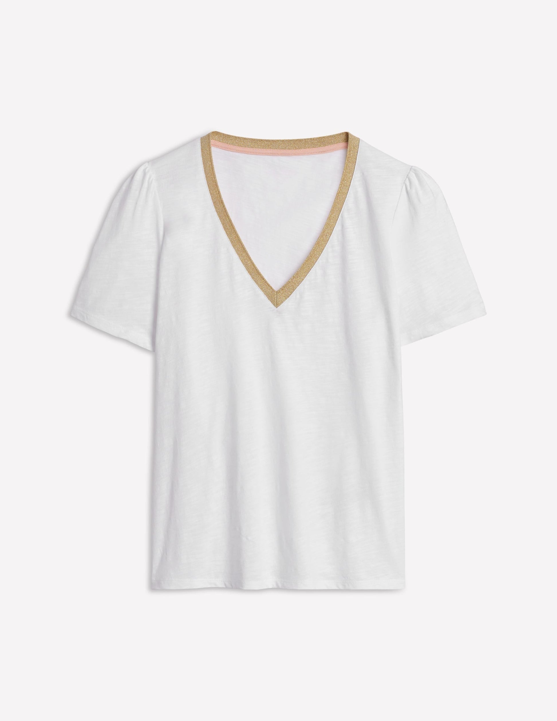 Metallic Trim V Neck T-shirt-White-5