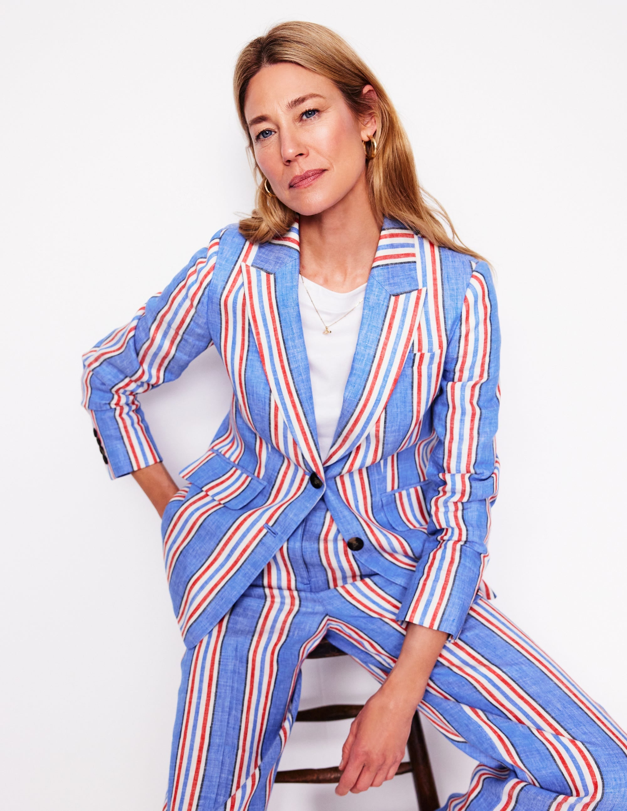 Stamford Linen Blazer-Peacock Plume, Red Stripe - Image 1